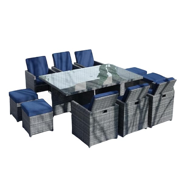 DIRECT WICKER Rope Grey 11-Piece Wicker Rectangle Outdoor Dining Set with Dark Blue Cushions