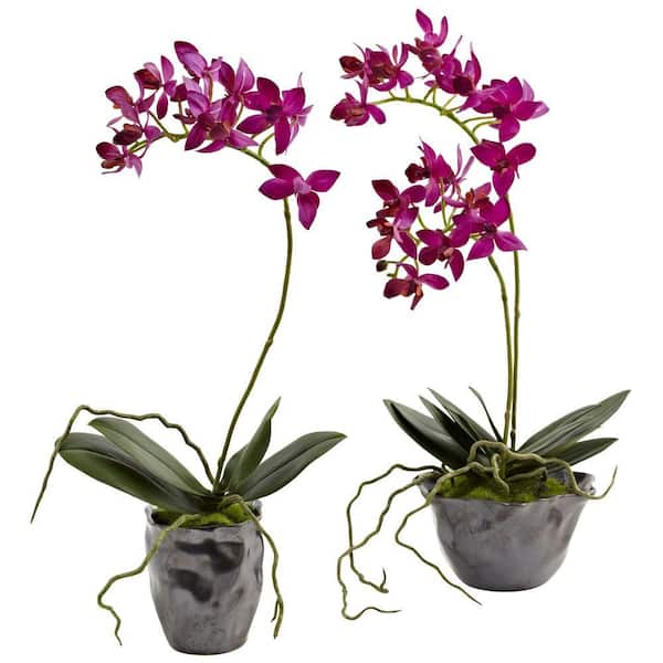 Nearly Natural Mini Phalaenopsis with Metallic Vase (Set of 2)