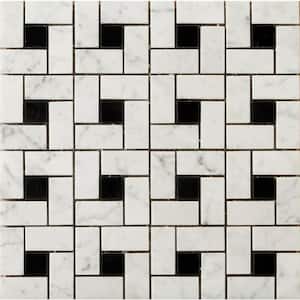 Marble Bianco Gioia Black Honed 12.01 in. x 12.01 in. x 10 mm Marble Mesh-Mounted Mosaic Tile (1 sq. ft.)