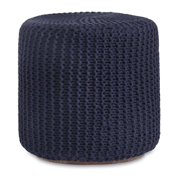 HomeRoots Navy Cotton Blend Round Pouf 16L x 16W x 15H Ottoman