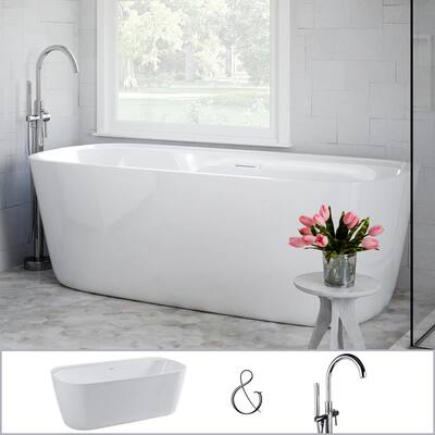 Manchester 63" Acrylic Rectangle Flatbottom Stand-Alone Freestanding Bathtub COMBO - Tub in White, Faucet in Chrome