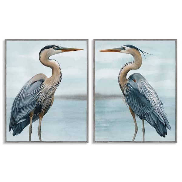 Detailed Heron Bird Duo by Grace Popp 2 Piece Gray Framed Giclee Art Print Animal 30 in. x 24 in.
