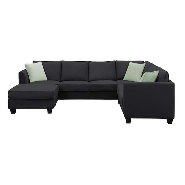 112 in. Polyester Sectional Sofa Couches in Black Living Room Sets with Ottoman and 3-Pillows