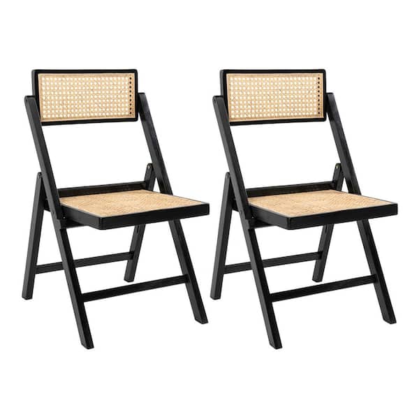 Theo Mid-Century Vintage Wood Rattan Folding Side Chair with Adjustable Back, Black (Set of 2)