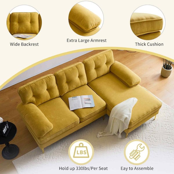 83 in. Modern Square Arm Velvet L-Shaped Sofa, Couches for Living Room, Bedroom in Yellow