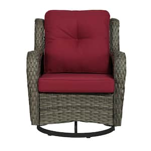 Patio Swivel Wicker Bistro Set for Patio Porch Pool Outdoor Rocking Chair with Red Cushion (Set of 1)