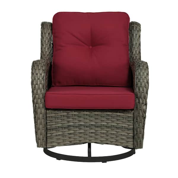 Uixe Patio Swivel Wicker Bistro Set for Patio Porch Pool Outdoor Rocking Chair with Red Cushion (Set of 1)