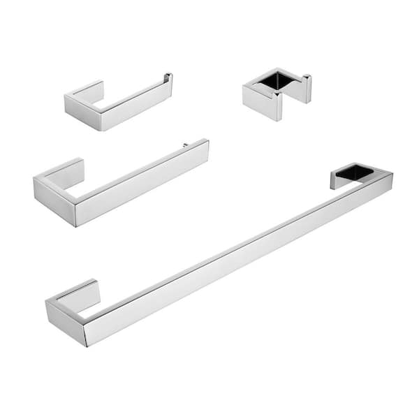 RAINLEX 4-Piece S.S Bath Hardware Set with Robe Hook, 24 in. and 8 in. Towel Bar Tissue Holder in Chrome