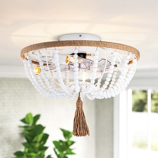 RRTYO Forrest 21 in. 4-Light Indoor Bohemian White Wooden Beaded Farmhouse Ceiling Fan with Lights and Remote Control
