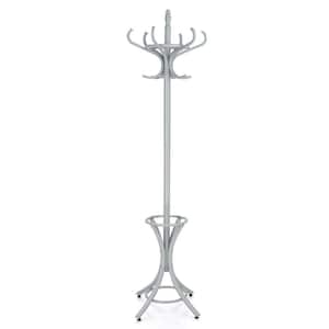 Coat Rack Grey Free Standing Solid Wood Cat Tree with 12 Hooks and Umbrella Holder