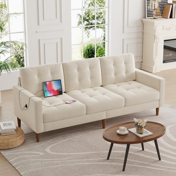 JASIWAY Modern 76.79 in. Square Arm Velvet Rectangle 3-Seater Sofa in. Beige