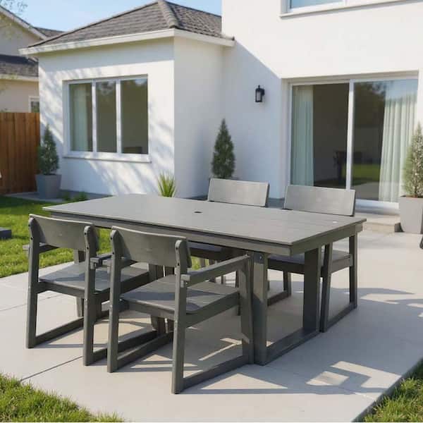 5-Piece Gray HDPE Wood Outdoor Dining Set with Umbrella Hole and 4 Armrest Chairs