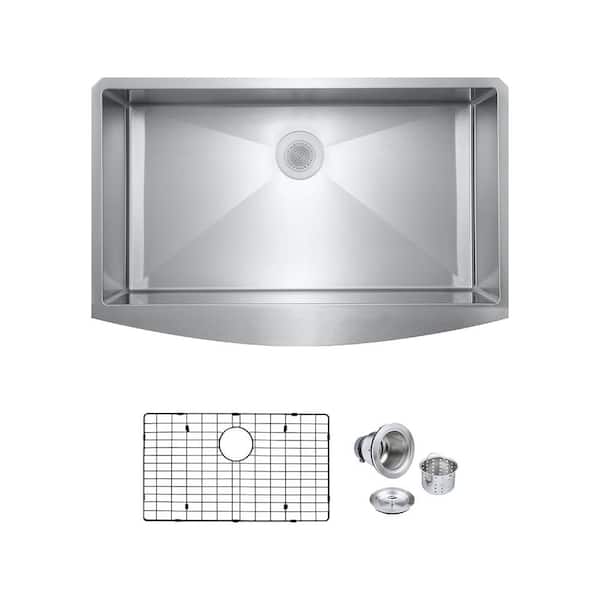 PELHAM & WHITE Bryn Stainless Steel 16- Gauge 36 in. Single Bowl Farmhouse Apron Kitchen Sink with Bottom Grid, Drain