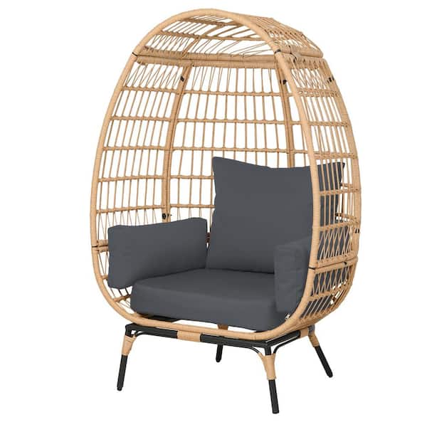 PATIOGUARDER Outdoor Beige Wicker Egg Lounge Chair with Removable Soft Gray Cushion