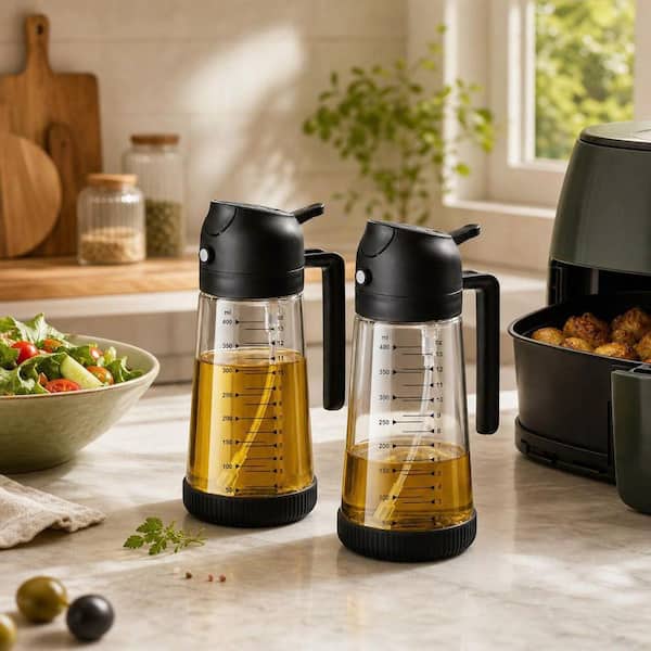 Wudkey Glass Black 2-in-1 Olive Oil Sprayer and Dispenser Bottle with Precision Nozzle for Controlled Cooking 2-Pack