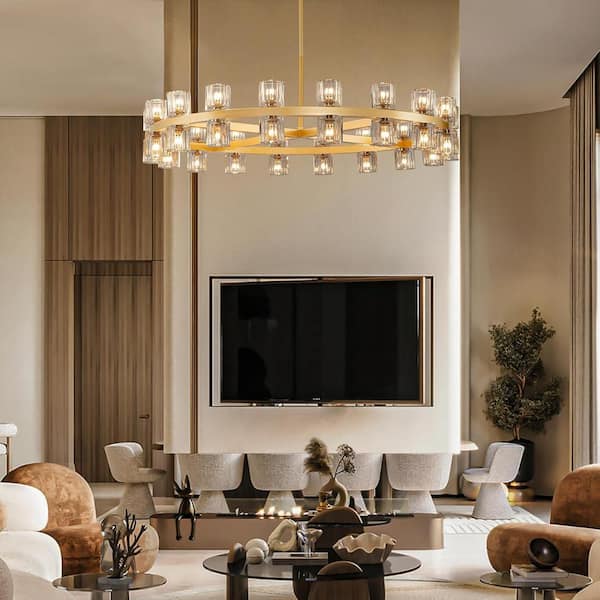 36-Light Gold Round Chandelier, 36 in. Modern K9 Crystal Chandelier for Dining Room, Living Room, Foyer