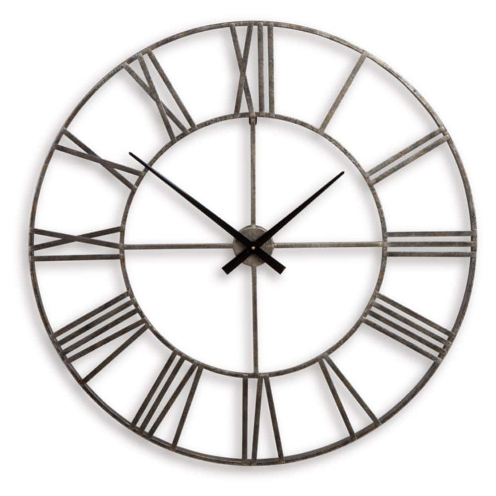 Oversized Antique Silver Metal Roman Numeral Wall Clock