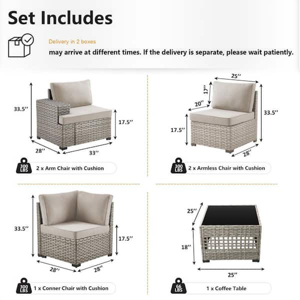 6-Piece Taupe Wicker Patio Conversation Set with Beige Olefin Cushions and Lantern-Like Wicker Light Box/Mogular Units