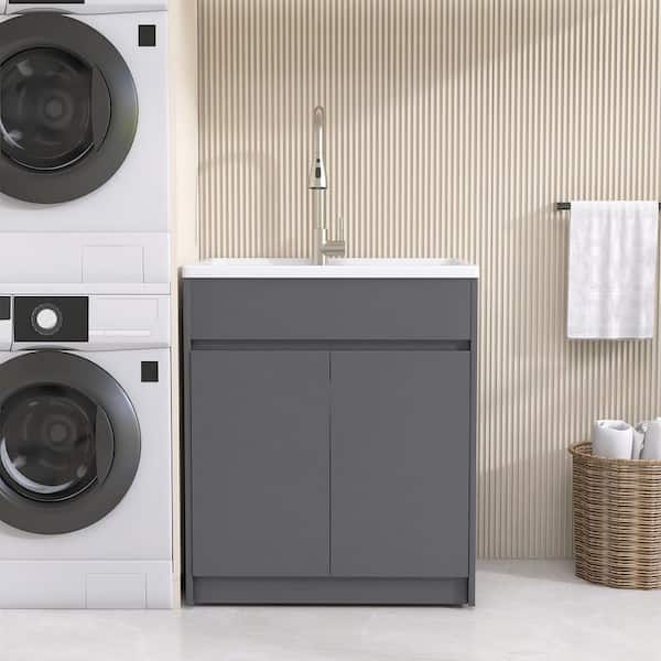 30 in. W x 22 in. D Solid Surface Drop-In Laundry/Utility Sink and Cabinet All in One with Faucet and Drain in Gray
