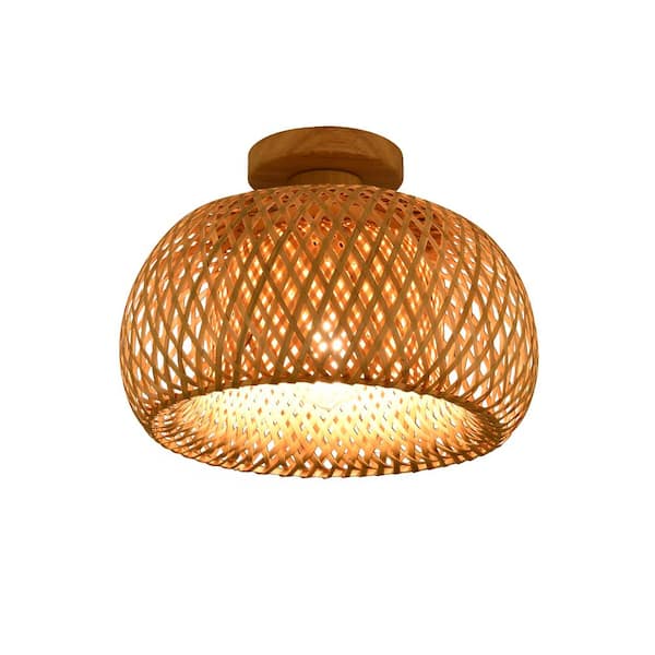 OUKANING 11.81 in. 1-Light Farmhouse Bamboo Cage Semi-Flush Mount Ceiling Light