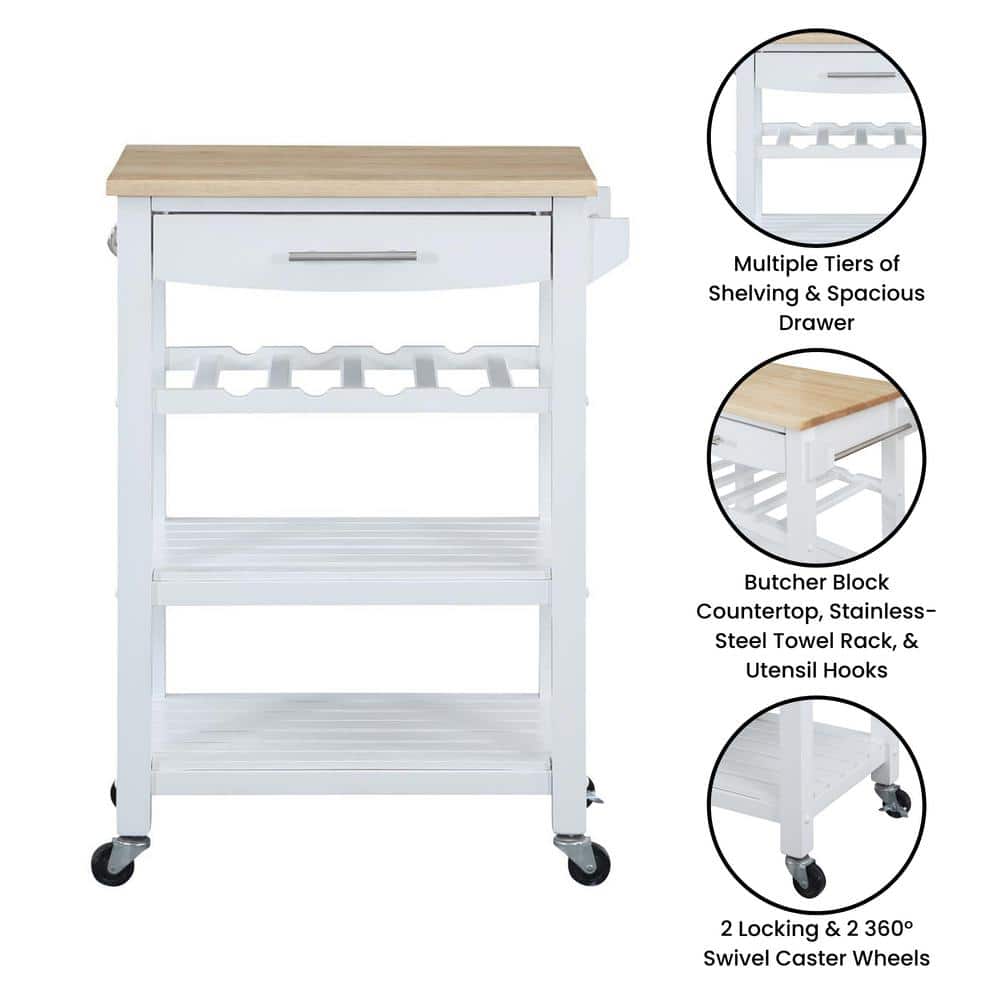 Rubberwood Rectangular Butcher Block Kitchen Cart with Wine Storage