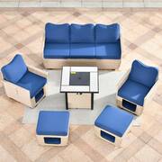 Echo Beige 6-Piece Wicker Outdoor Multi-Functional Patio Conversation Sofa Set with a Fire Pit and Navy Blue Cushions