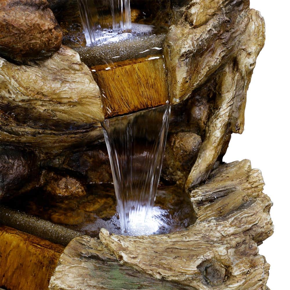 Alpine 5-Tier Waterfall Trunk Fountain with LED Lights, 47" Tall