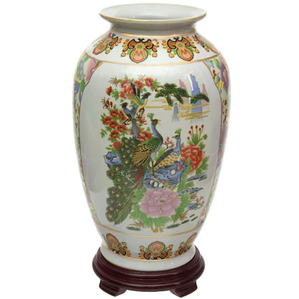 Oriental Furniture 14 in. White Satsuma Birds and Flowers Porcelain Tung  Chi Vase