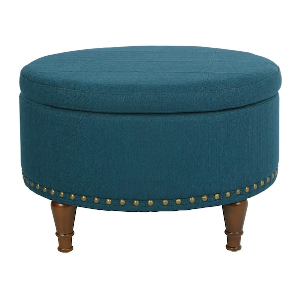 OSP Home Furnishings Alloway Azure Fabric with Antique Bronze Nail-Heads Storage Ottoman