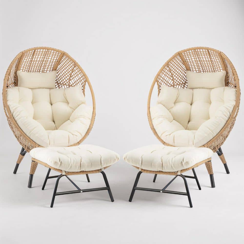 Indoor Outdoor Wicker Egg Lounge Chair with Ottoman, Beige Cushion, Deep Seat Patio Boho Papasan Chair for Porch(2-Pack) price history on PriceWatchPro