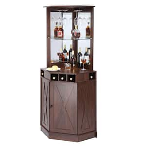 Corner Industrial Bar Cabinet for Liquor and Glasses Free Standing Farmhouse Wood Coffee Bar Cabinet