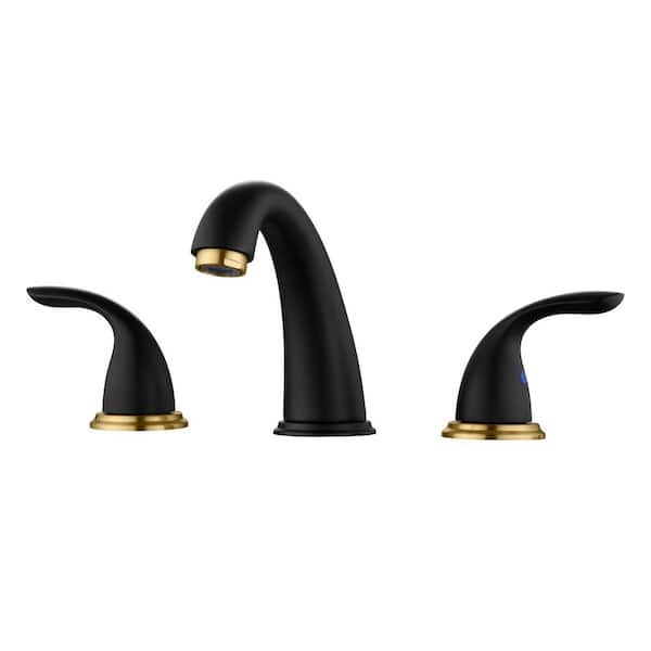 Hourglass Stream 8 in. Widespread Double Handle Bathroom Faucet with Spot Resistant in Black and Gold