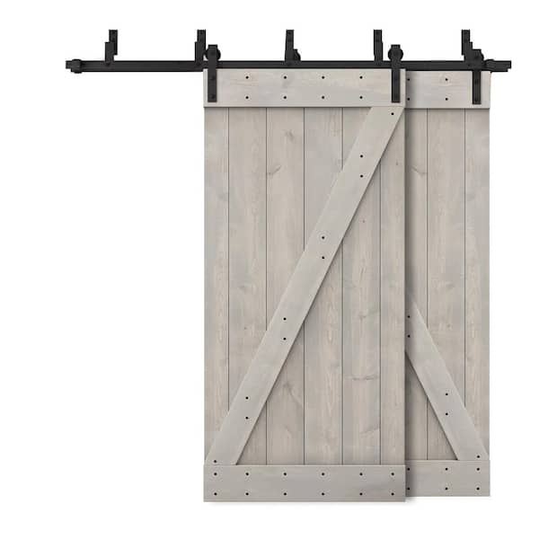 CALHOME 48 in. x 84 in. Z-Bar Bypass Silver Gray Stained DIY Solid Wood Interior Double Sliding Barn Door with Hardware Kit
