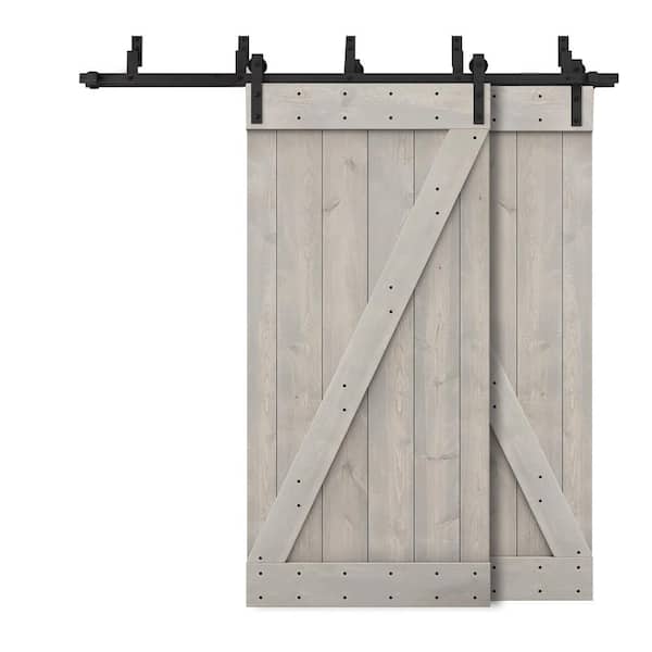 CALHOME 84 in. x 84 in. Z-Bar Bypass Silver Gray Stained DIY Solid Wood Interior Double Sliding Barn Door with Hardware Kit
