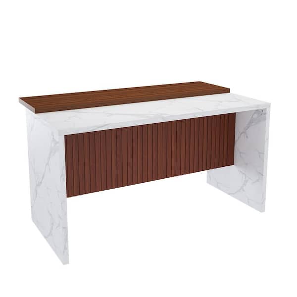 White Walnut Wood 36.7 in. Kitchen Island with Marble-Look Surface and LED Lights