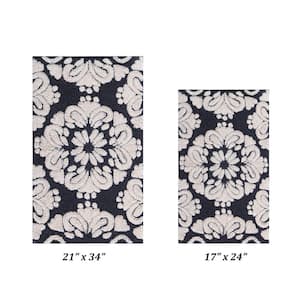 Medallion Collection Charcol/Ivory 2-Piece - 21 in. x 34 in./17 in. x 24 in. 100% Cotton Bath Mat Set