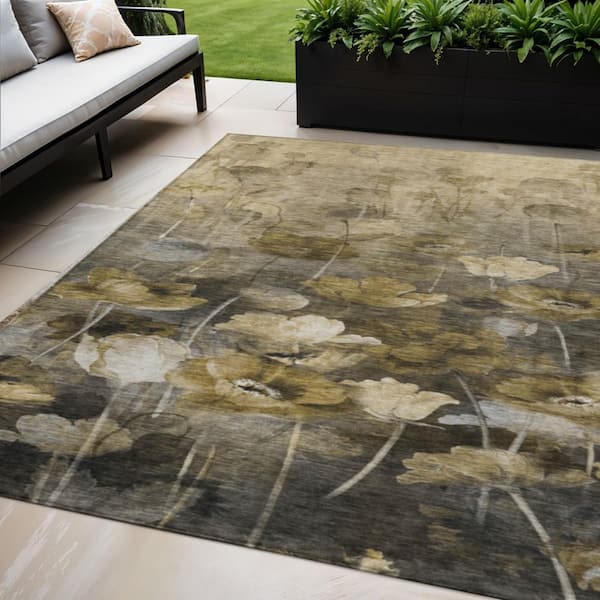 Taupe, Beige, Tan 5 ft. x 8 ft. Woven Floral Polyester Rectangle Indoor/Outdoor Area Rug