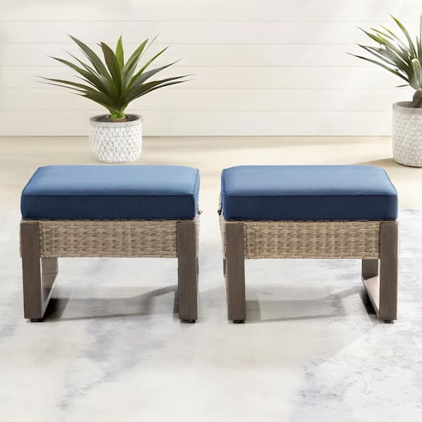 MEOOEM 2-Piece Wicker Outdoor Ottoman with Dark Blue Cushions, Wood-Like Grained Metal Frame Stools for Backyard, Porch, Deck
