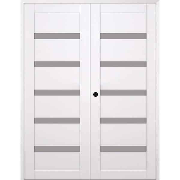 Leora N 48 in. x 80 in. Right Hand Active 5-Lite Frosted Glass Snow White Wood Composite Double Prehung French Door