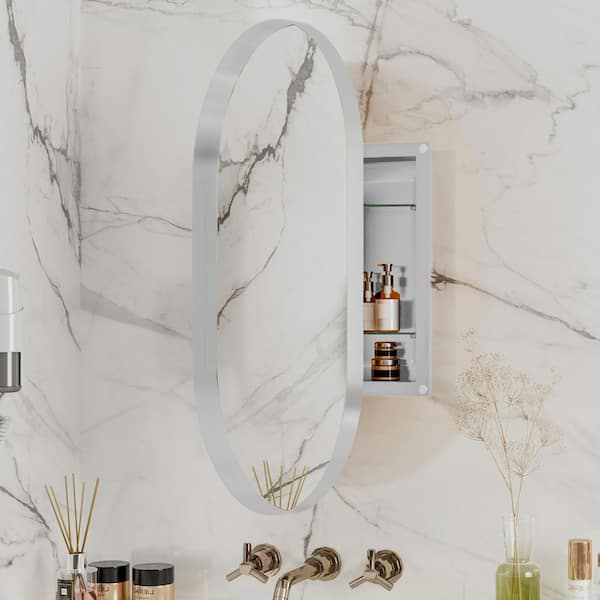 20 in. W x 34 in. H Oval Aluminum Medicine Cabinet with Mirror in White