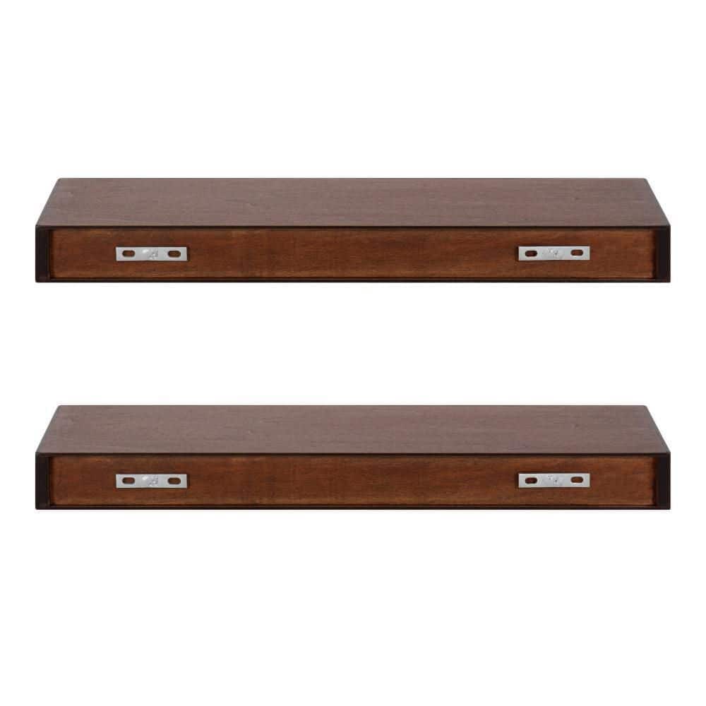 Mid-Century Modern Walnut Brown Solid Wood Floating Shelves, Set of 2