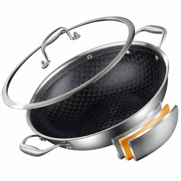 12 Inch Tri-Ply Stainless Steel Nonstick Wok Pan with Lid, Oven Safe Up to 600F, 5 Qt Deep Frying Pan for Induction