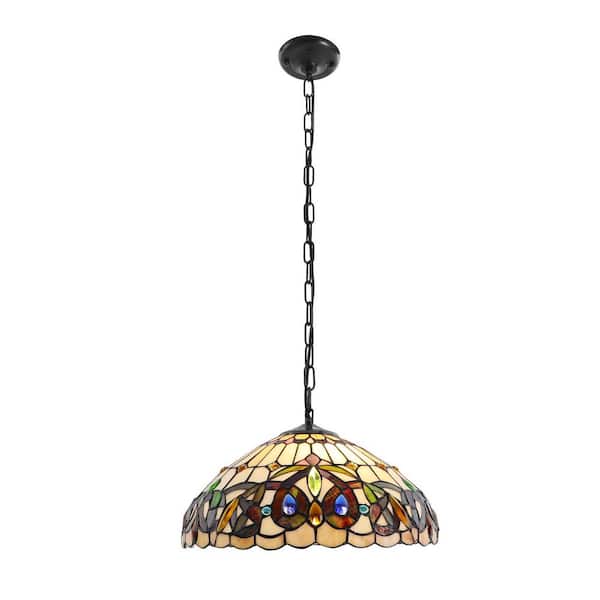 2-Light Multi-Color Tiffany Style Shaded Pendant Light with Colored Glass Shade and Adjustable Height, No Bulbs Included