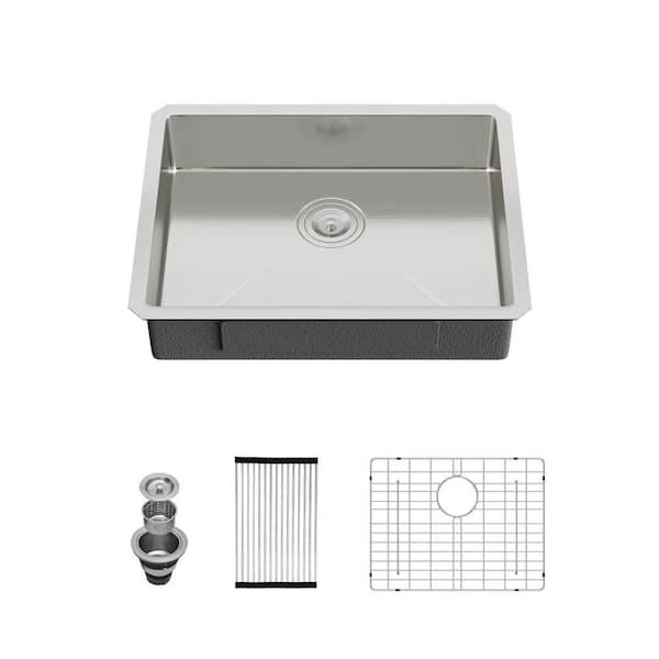23 in. Undermount ADA Sink Single Bowl 16 Gauge Brushed Stainless Steel Kitchen Sink with Bottom Grid