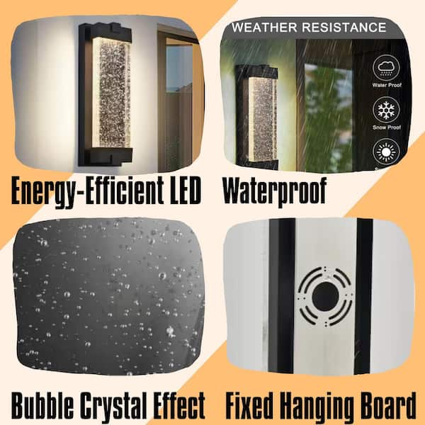 1-Pack Black Weatherproof Aluminum Finish Outdoor Coach Sconce Wall Light with Bubble Crystal Glass, LED Source, 3000K