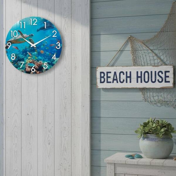 12 in Outdoor Wall Clock, Waterproof Tempered Glass, Sea Turtle