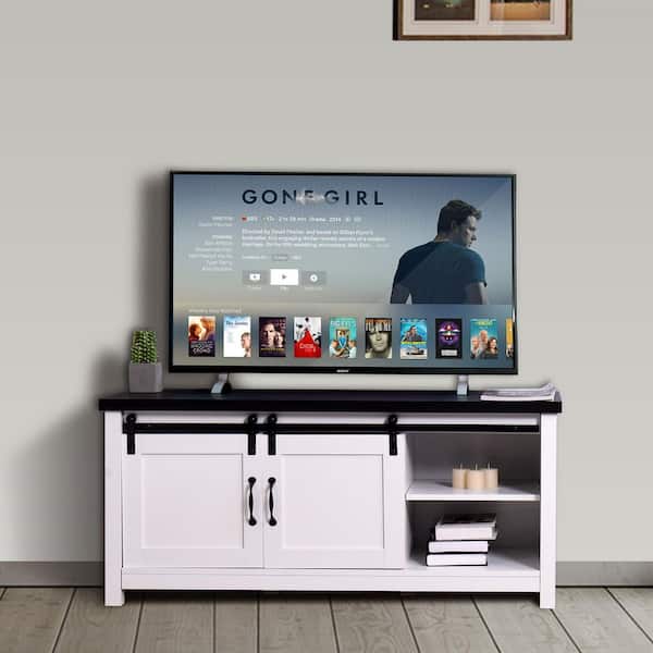 URTR 47.2 in. White TV Stand Living Room TV console TV cabinet with 2 Barn doors Fits TV's up to 50 in. with Cable Management