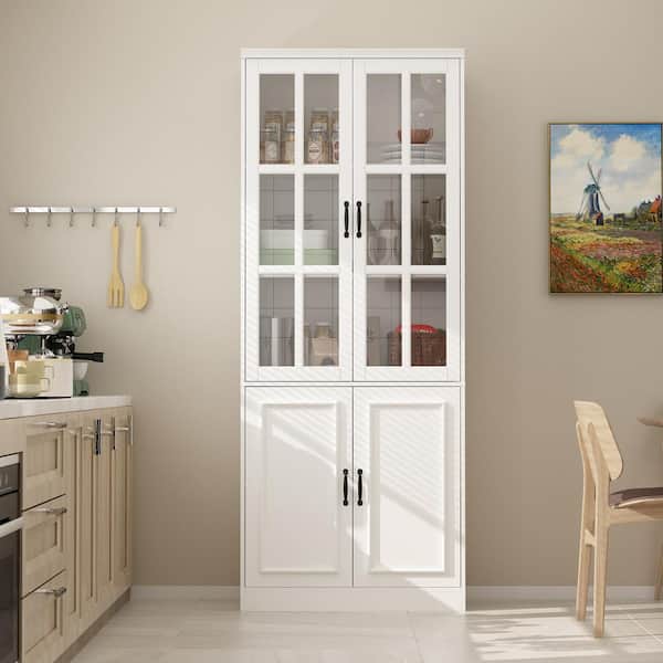 FUFU&GAGA White Wooden MDF ( 31.5 in. W) Sideboard, Accent Storage Cabinet, Food Pantry with 4 Tempered Glass Doors and 5 Shelves