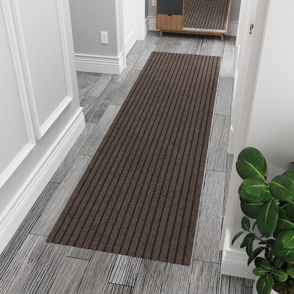 Lifesaver Scrape Rib Non-Slip Custom Long Hallway Runner Rug 2 ft. x 10 ft. Brown Ribbed Polyester Garage Flooring