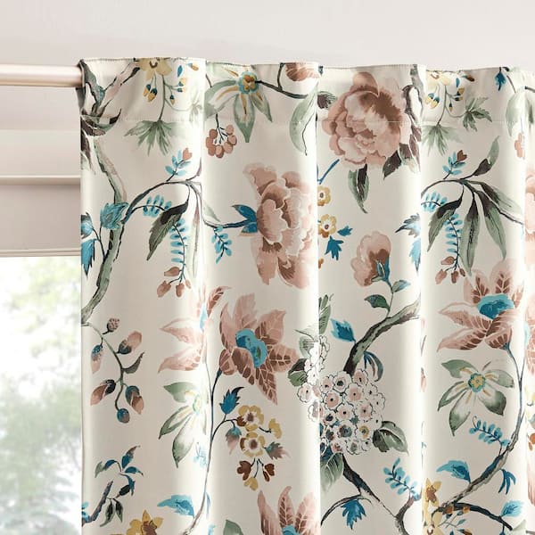 Claudette Vintage Floral Magnetic Closure Stone Layered 40 in. W x 63 in. L Back Tab 100% Blackout Curtain (Set of 2)
